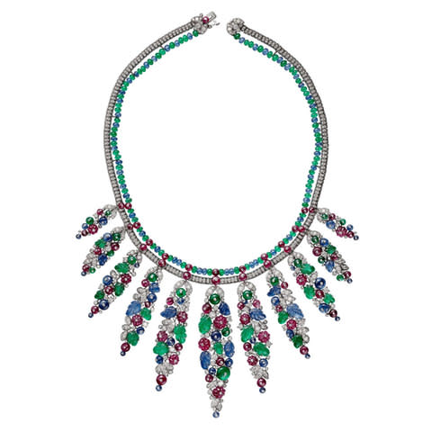 Cartier Bengalore necklace in white gold with sapphire beads, ruby beads, emerald beads, carved emeralds, carved sapphires, carved rubies and diamonds 