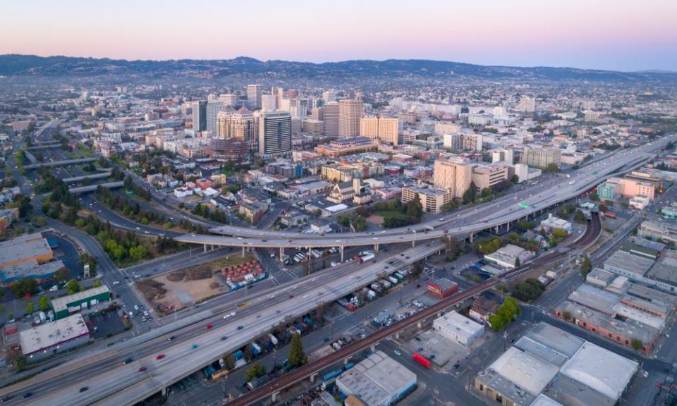 The Oakland skyline at sunset.