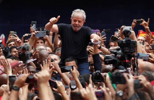 Brazil's left has been weakened by the jailing of former president Luiz Inacio Lula da Silva, shown here on November 9, 2019 following his release from prison