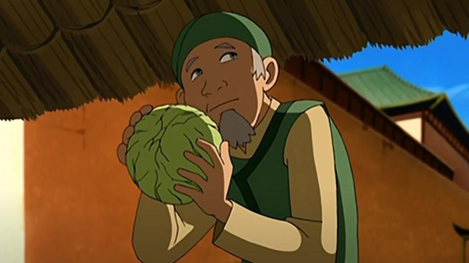 The Cabbage Merchant hugging a cabbage in Avatar: The Last Airbender.