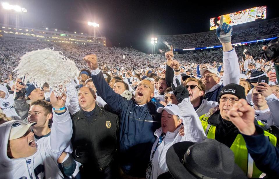 Penn State football coach James Franklin celebrates with the Penn State crowd after the 24-21 win over Ohio State on Saturday, October 22, 2016 game at Beaver Stadium.