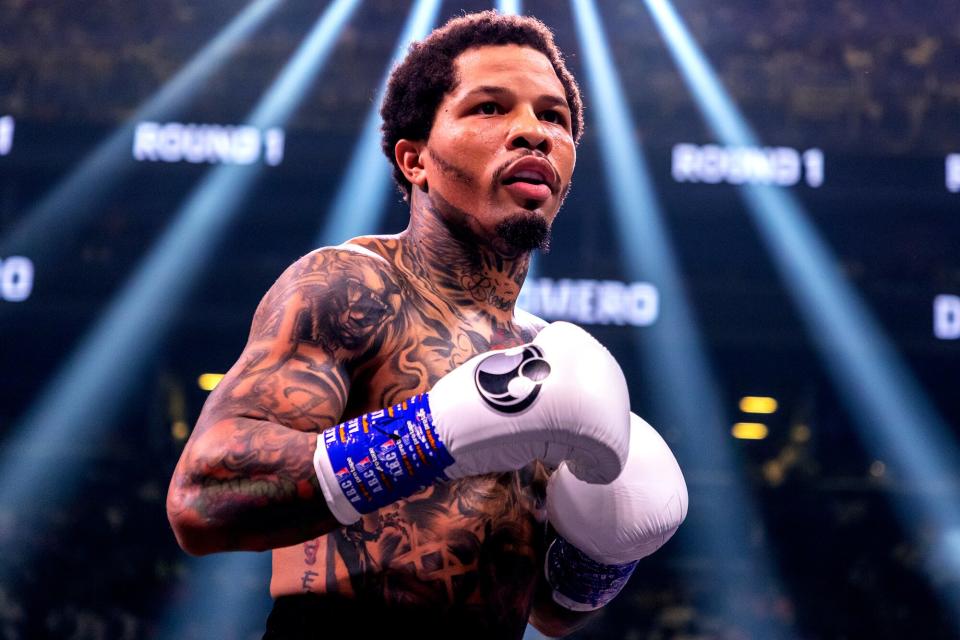 Gervonta Davis in action against Rolando Romero during their fight for Davis' WBA World lightweight title at Barclays Center on May 28, 2022 in Brooklyn, New York