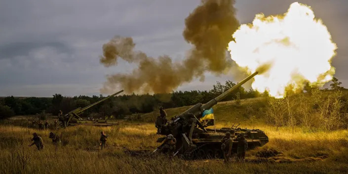 Ukrainian artillery unit fires with a 2S7-Pion, a self-propelled gun, at a position near a frontline in Kharkiv region on August 26, 2022, amid the Russian invasion of Ukraine.