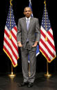 <p>President Barack Obama reacts as he is told where to stand during the investiture ceremony for Attorney General Loretta Lynch (unseen) at the Warner Theater in Washington June 17, 2015. (Jonathan Ernst/Reuters) </p>