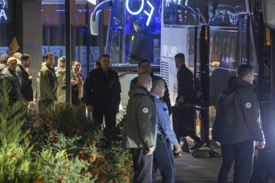 Israel's national soccer team arrive at a hotel, in the capital Pristina, Friday, Nov. 10, 2023. Israel’s national soccer team has arrived in Kosovo amid tight security measures at the airport ahead of a postponed European Championship qualifier. (AP Photo/Visar Kryeziu)