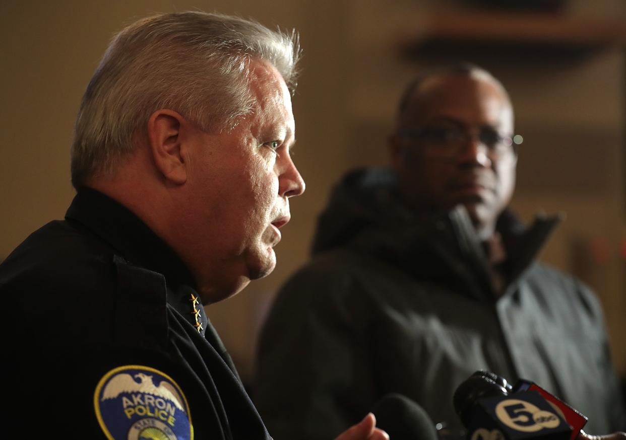 Akron Police Chief Steve Mylett is interviewed Wednesday evening by members of the media before a community conversation at  New Hope Baptist Church.