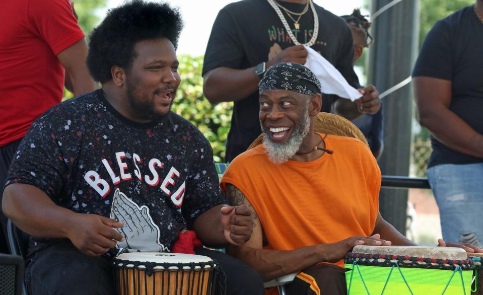 Solomon Crawford and "Zyair" play drums during the Ebony Fest Juneteenth 2021 event held Saturday, June 19, 2021, at the Rotary Pavilion in Gastonia.