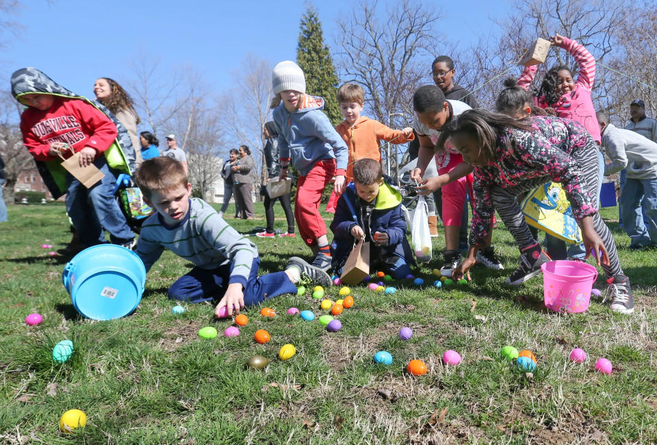 Kids will scramble to collect eggs during an Easter egg hunt put on by City Church at Tilton Park in Wilmington Saturday.