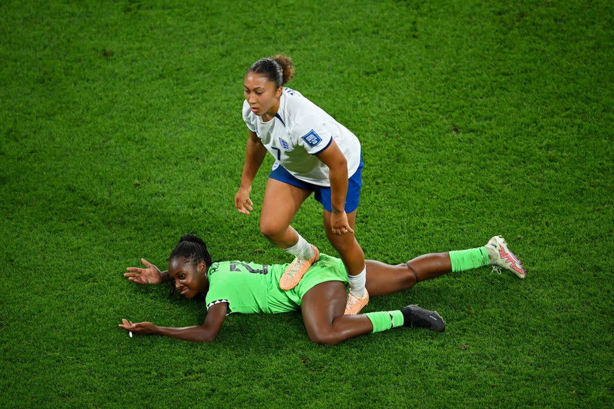 Lauren James of England stamps Michelle Alozie of Nigeria (FIFA via Getty Images)