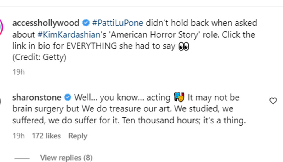 Sharon Stone has thoughts after Patti LuPone criticized Kim Kardashian’s ‘American Horror Story’ role (@accesshollywood via Instagram )