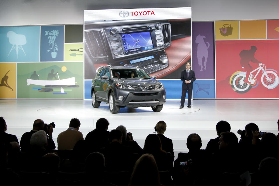 The new Toyota RAV4 is unveiled at the LA Auto Show in Los Angeles, Wednesday, Nov. 28, 2012. The annual Los Angeles Auto Show opened to the media Wednesday at the Los Angeles Convention Center. The show opens to the public on Friday, November 30. (AP Photo/Jae C. Hong)