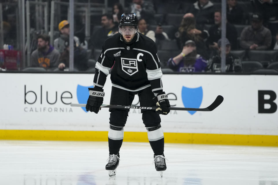 Los Angeles Kings center Anze Kopitar skates during the first period of an NHL hockey game against the New Jersey Devils, Sunday, March 3, 2024, in Los Angeles. (AP Photo/Ryan Sun)