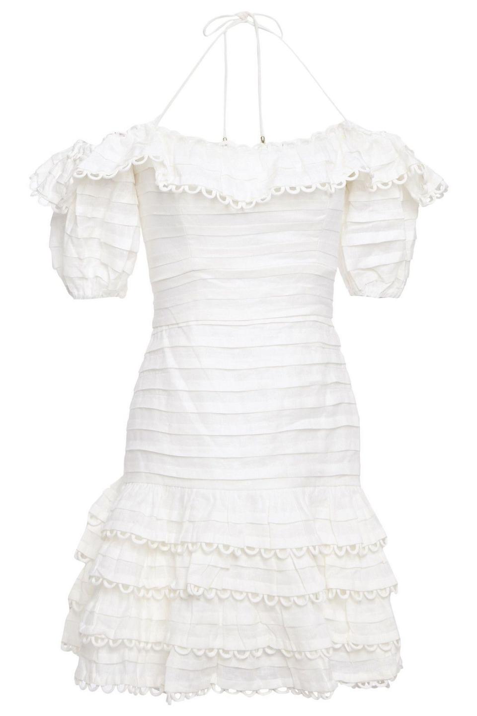 13) Allia Pintuck off-the-shoulder ruffled linen mini dress