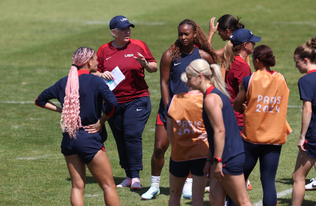 MARSEILLE, FRANCE - JULY 24: Emma Hayes, Head Coach of Team United States, looks on during a Team United States Football training session at Stade Francis Turcan on July 24, 2024 in Marseille, France. (Photo by Alex Livesey/Getty Images)