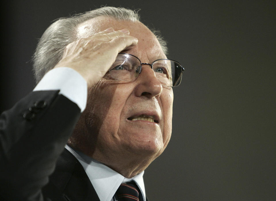 FILE - France's former European commission president Jacques Delors delivers his speech in support of French socialist presidential candidate Segolene Royal at a campaign meeting in Lille, northern France, on May 3, 2007. Delors, a Paris bank messenger’s son who became the visionary and builder of a more unified Europe in his momentous decade as chief executive of the European Union, has died in Paris, his daughter Martine Aubry said Wednesday Dec. 27, 2023. He was 98. (AP Photo/Francois Mori, File)