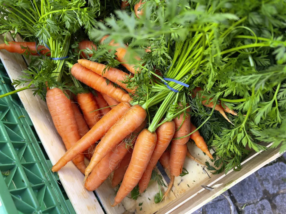 A wooden crate filled with fresh, unwashed carrots with green leafy tops, bound in bunches