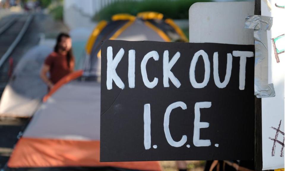 Protesters in Portland, Oregon, pitch tents outside the Immigration and Customs Enforcement (Ice) office.