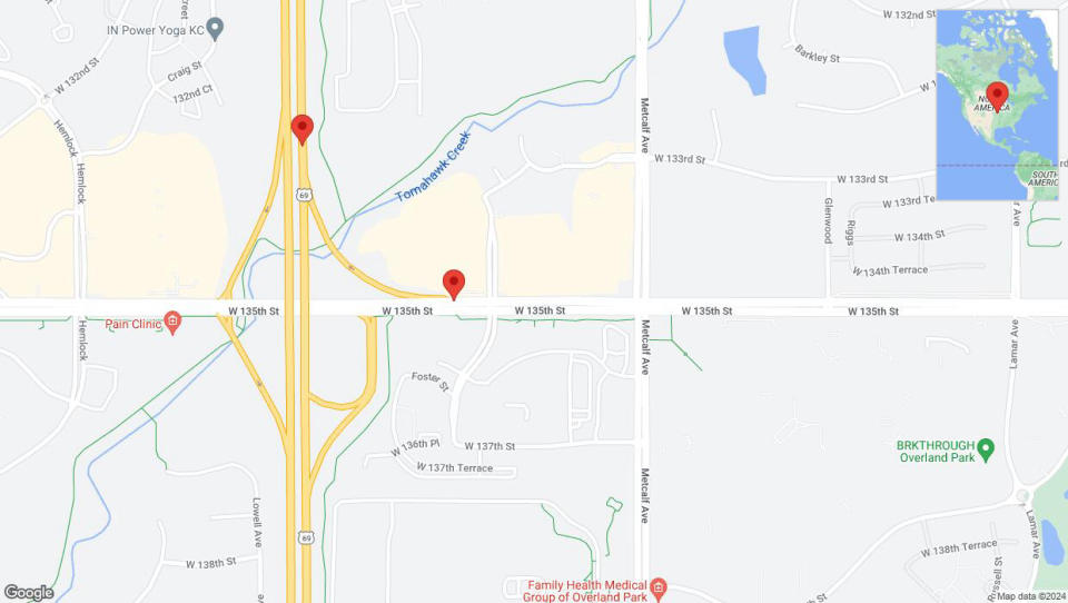 A detailed map that shows the affected road due to 'West 135th Street closed in Overland Park' on July 9th at 11 p.m.