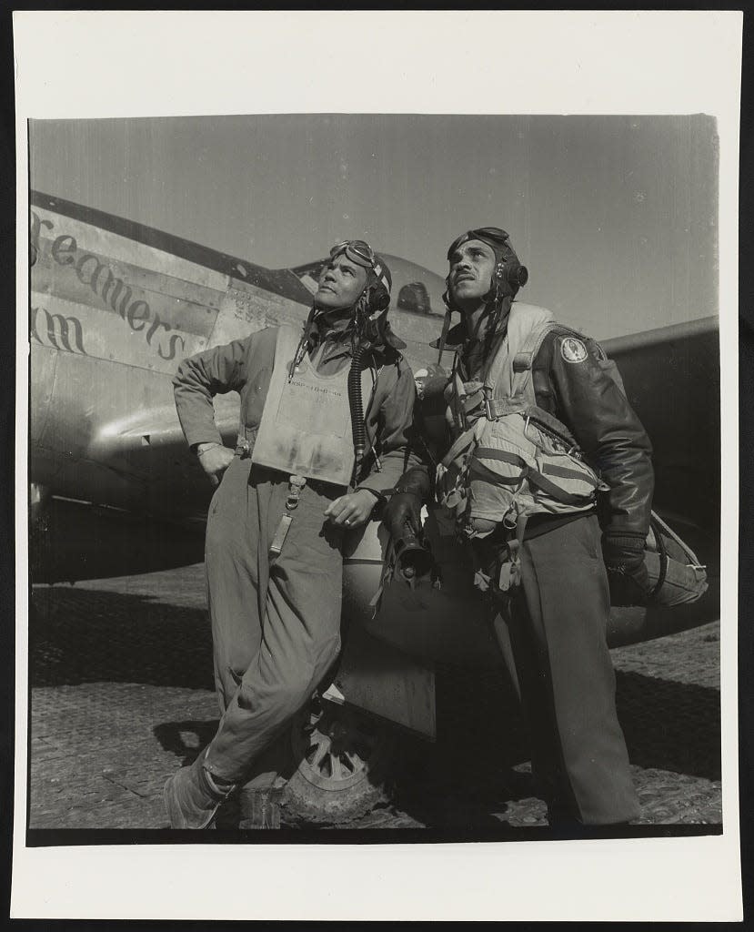 Tuskegee Airmen Benjamin O. Davis, left, and Edward C. Gleed, photographed at an air base at Ramitelli, Italy, in March 1945.