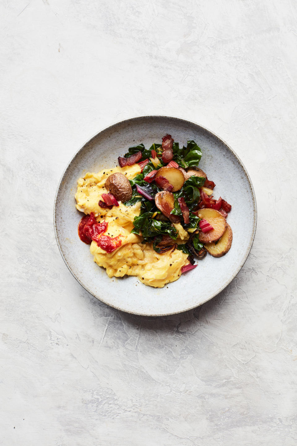 The Sophisticate: Bacon, Potato, and Swiss Chard Scramble