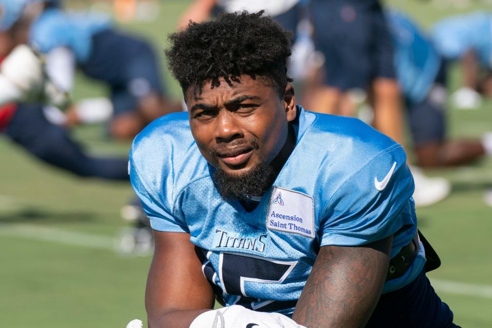 Tennessee Titans wide receiver Treylon Burks (16) warms up during a joint training camp practice against the Tampa Bay Buccaneers at Ascension Saint Thomas Sports Park Thursday, Aug. 18, 2022, in Nashville, Tenn. 