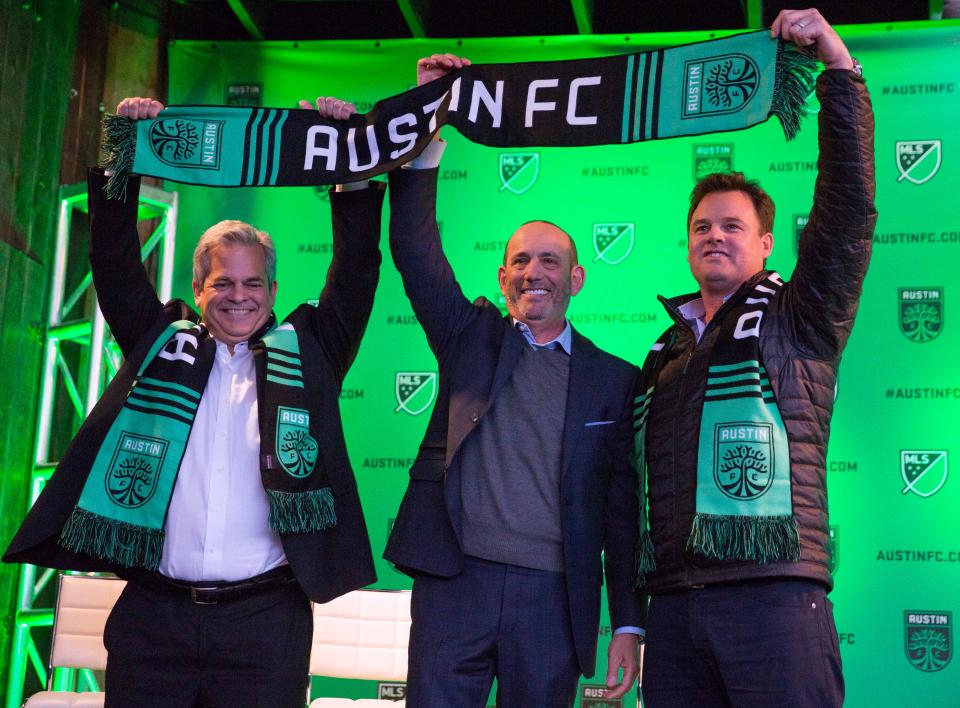 Austin mayor Steve Adler, MLS commissioner Don Garber and Austin FC chairman/CEO Anthony Precourt announce Austin FC as the newest MLS team on Jan. 15, 2019.