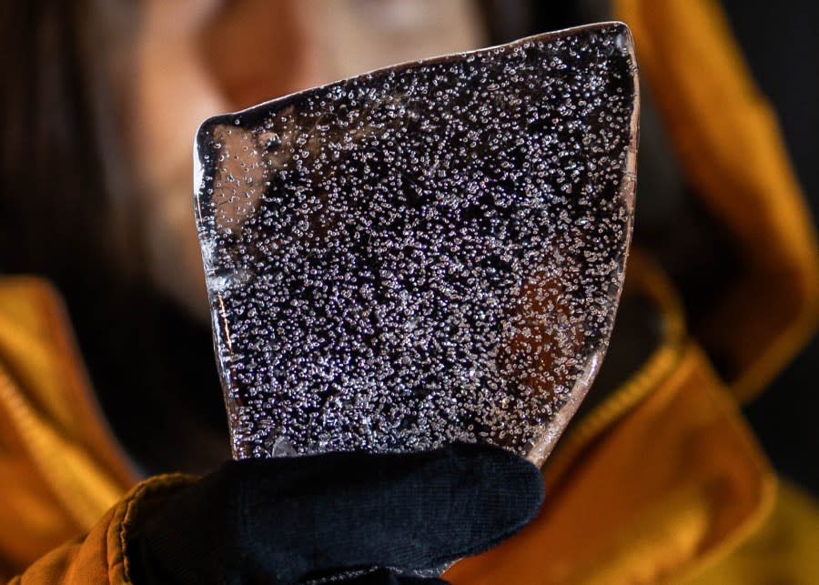 <em>Apiece of the Antarctic ice sample used to conduct the study. (Photo by Katherine Stelling, Oregon State University)</em>