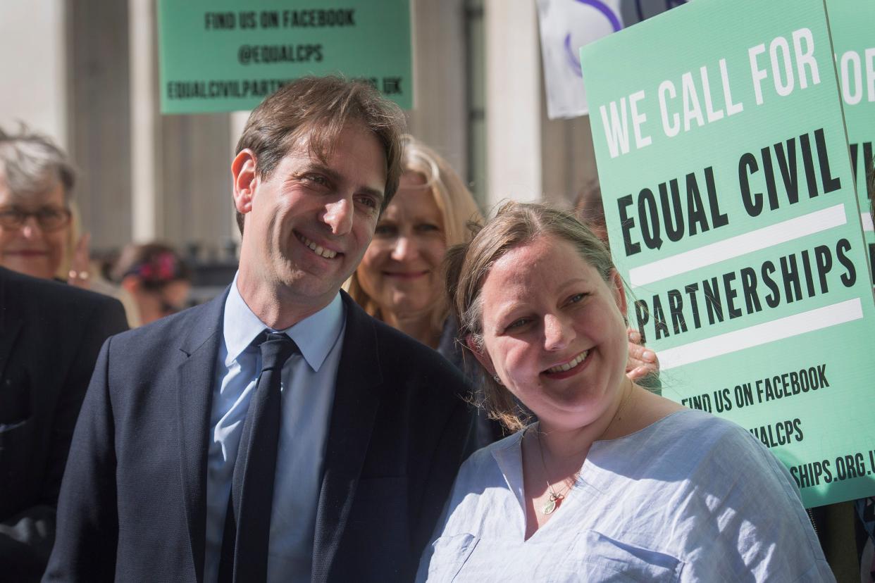 Rebecca Steinfeld and Charles Keidan who campaigned for same-sex civil partnerships in Britain (PA)