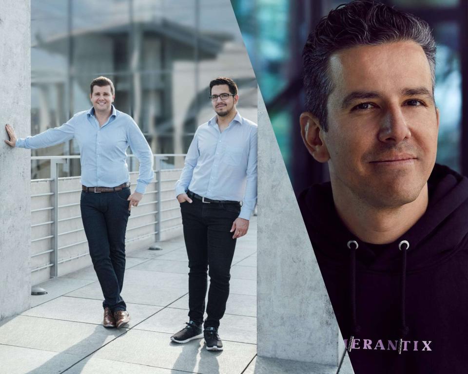 Marian Gläser, CEO, und Patrick Kern, CTO (v.l.n.r.) haben Brighter AI gegründet. KI-Investor Adrian Locher beobachtet das Startup seit längerem. - Copyright: Brighter AI / Merantix