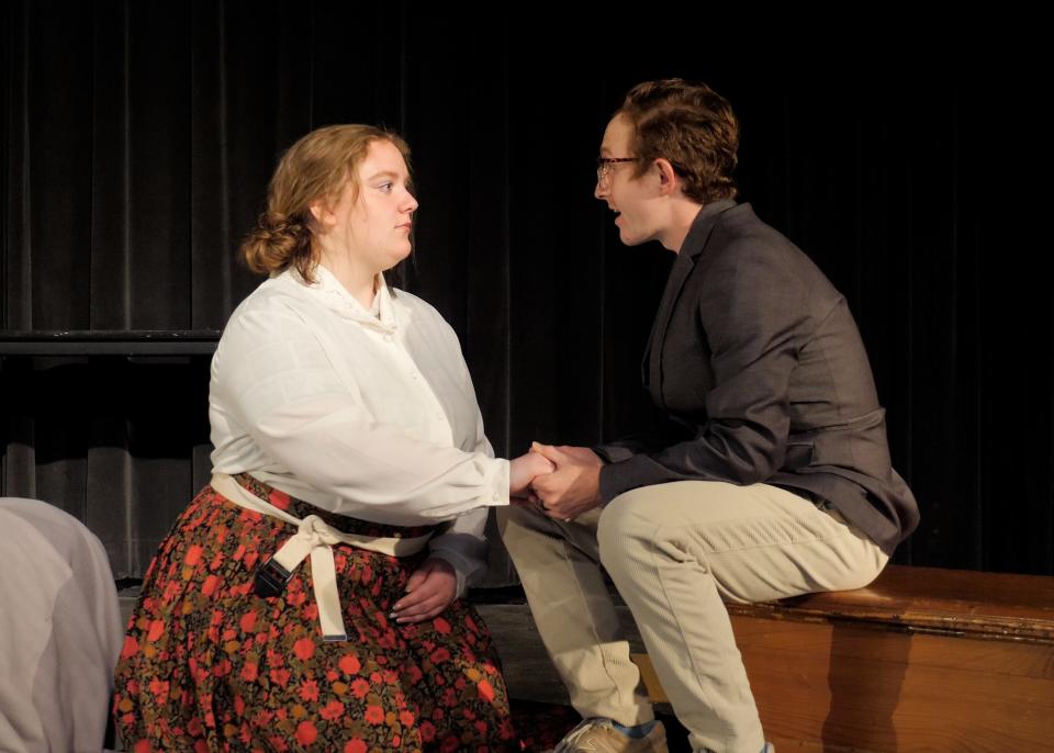 Paige Brumbaugh, left, and Jayce Rentrop in a scene from Columbus State Community College's summer semester production, “On the Verge; or, The Geography of Yearning.” The free play runs July 12-15 in Nestor Auditorium.