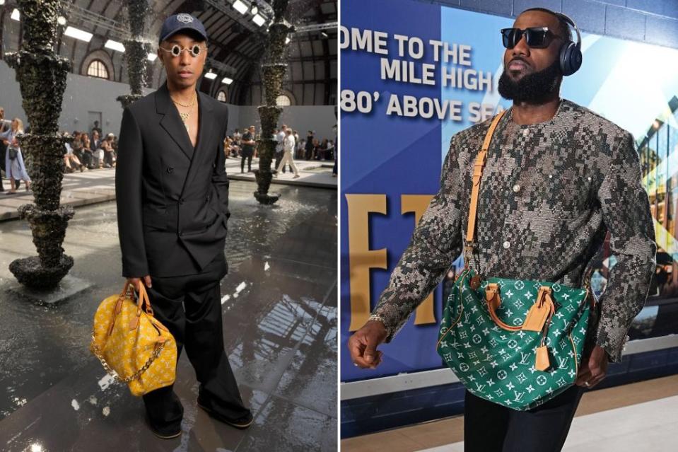 Menswear Creative Director Pharrell Williams (left) carries his own Speedy creation around Paris Fashion Week, while LeBron James slings it cross-body style to the LA Lakers’ opening night in October. Getty Images (2)