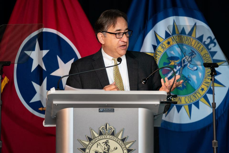 Nashville Vice Mayor Jim Shulman speaks before Mayor John Cooper delivers his "State of Metro" address at James Lawson High School in Nashville, Tenn., Thursday, April 27, 2023.