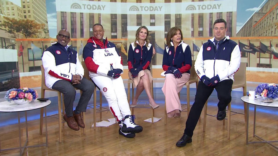 Al Roker, Craig Melvin, Savannah Guthrie, Hoda Kotb and Carson Daly all tried on the opening ceremony outfits live on TODAY. (TODAY)