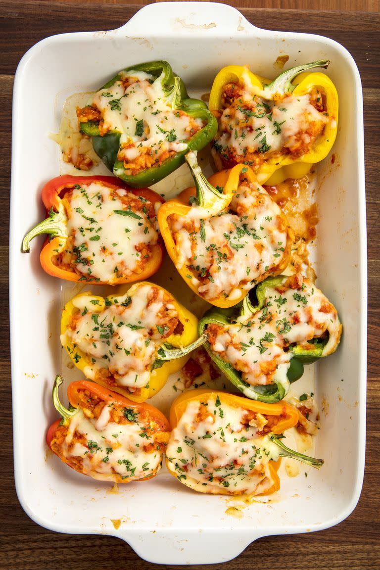 <p>Our new favourite way to eat chicken parm.</p><p>Get the <a href="https://www.delish.com/uk/cooking/a29123703/chicken-parm-stuffed-peppers-recipe/" rel="nofollow noopener" target="_blank" data-ylk="slk:Chicken Parm Stuffed Peppers;elm:context_link;itc:0;sec:content-canvas" class="link ">Chicken Parm Stuffed Peppers</a> recipe.</p>