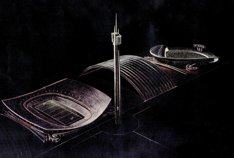 The original concept of the Truman Sports Complex includes two elements that weren’t built, a space needle topped by a restaurant and the rolling roof. File