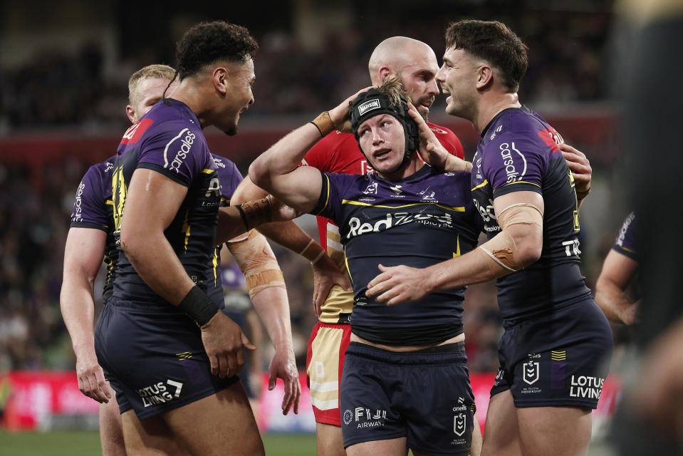 Harry Grant celebrates a try.