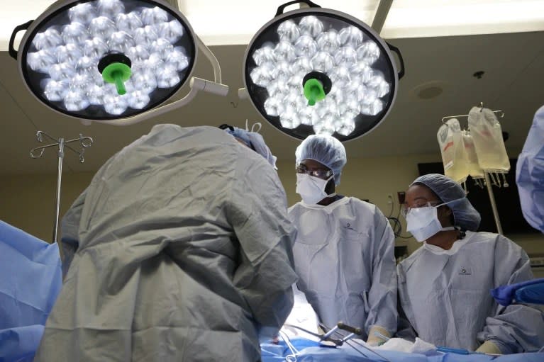 Meharry Medical College students Emmanuel Kotey, center, and Teresa Belledent, right, watch as the liver and kidneys are removed from an organ donor June 15, 2023, in Jackson, Tenn. (AP Photo/Mark Humphrey)