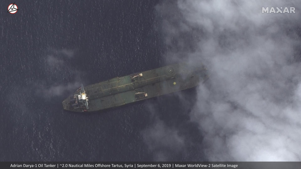 This Friday, Sept. 6, 2019 satellite image provided by Maxar Technologies appears to show the Iranian oil tanker Adrian Darya-1 off the coast of Tartus, Syria. Satellite images obtained by The Associated Press on Saturday, Sept. 7, 2019, appeared to show the once-detained Iranian oil tanker Adrian Darya-1 near the Syrian port, despite U.S. efforts to seize the vessel. That's after Gibraltar earlier seized and held the tanker for weeks, later releasing it after authorities there said Iran promised the oil wouldn't go to Syria. (Satellite image ©2019 Maxar Technologies via AP)