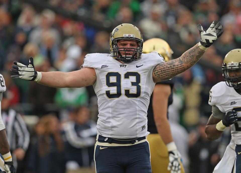 Bryan Murphy #93 of the Pittsburgh Panthers celebrates a defensive stop against the Notre Dame Fighting Irish at Notre Dame Stadium on November 3, 2012 in South Bend, Indiana. (Photo by Jonathan Daniel/Getty Images)