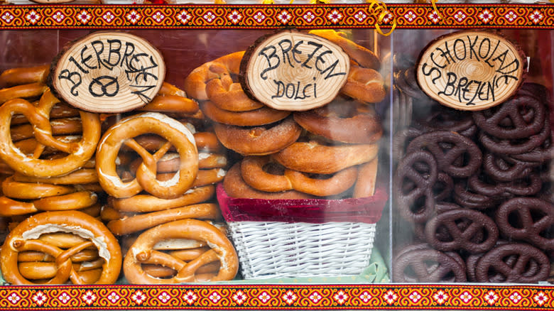 three types of Bavarian pretzels in glass cases