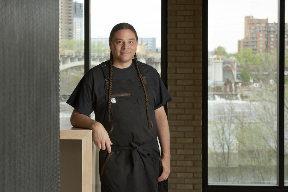 Sean Sherman at his forthcoming new restaurant, Owamni by The Sioux Chef. (Heidi Ehalt)