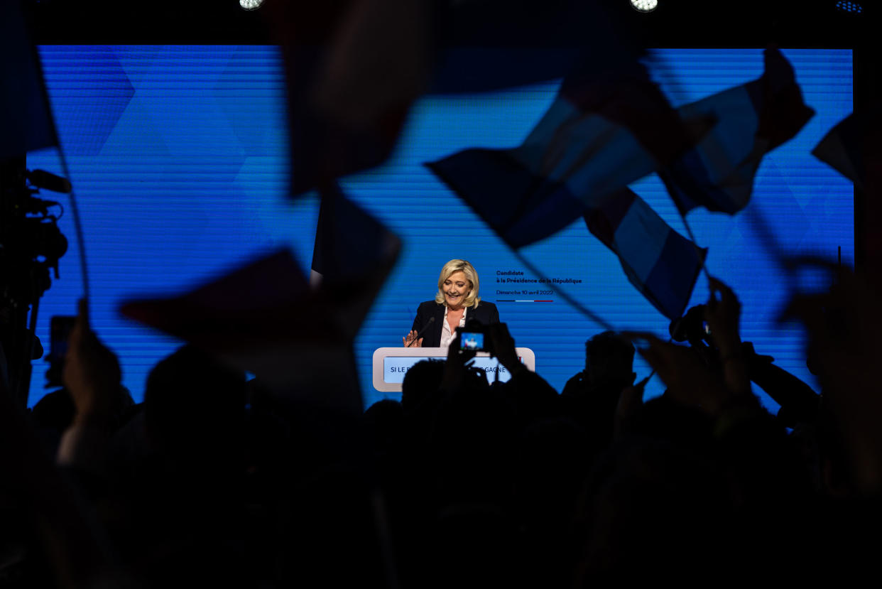 Marine Le Pen speaks during an election night event