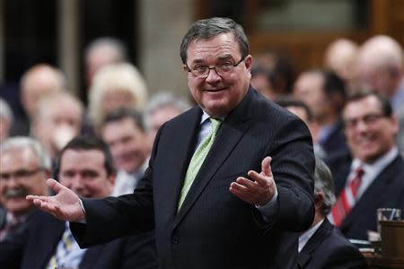 Canada's Finance Minister Jim Flaherty speaks during Question Period in the House of Commons on Parliament Hill in Ottawa in this file photo taken February 12, 2014. REUTERS/Chris Wattie/ Files