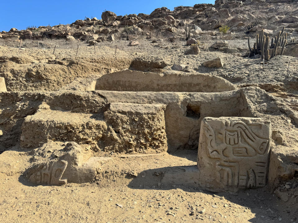 Pieces of what's believed to be part of a 4,000-year-old ceremonial temple that had been buried in a sand dune of northern Peru are pictured after they were found by a team of archaeologists, in Lambayeque, Peru, June 24, 2024.  / Credit: Peru's Pontifical Catholic University/Handout via REUTERS