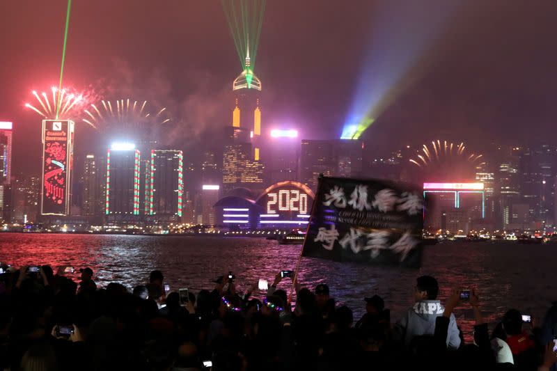 Anti-government demonstrators protest during the 2020 countdown on New Year’s Eve in Hong Kong