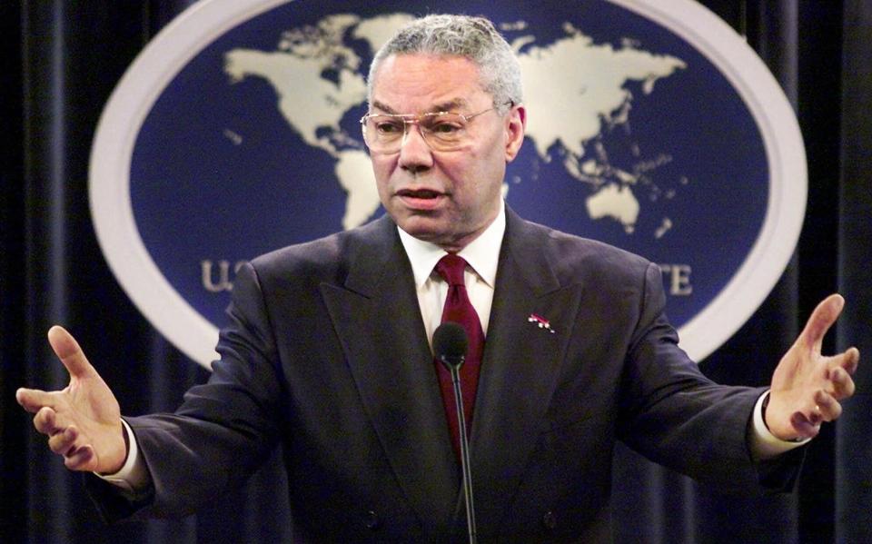 FILE - In this May 21, 2001, file photo, Secretary of State Colin Powell talks with reporters during a news conference at the Department of State in Washington. Powell, former Joint Chiefs chairman and secretary of state, has died from COVID-19 complications. In an announcement on social media Monday, the family said Powell had been fully vaccinated. He was 84. (AP Photo/J. Scott Applewhite, File)