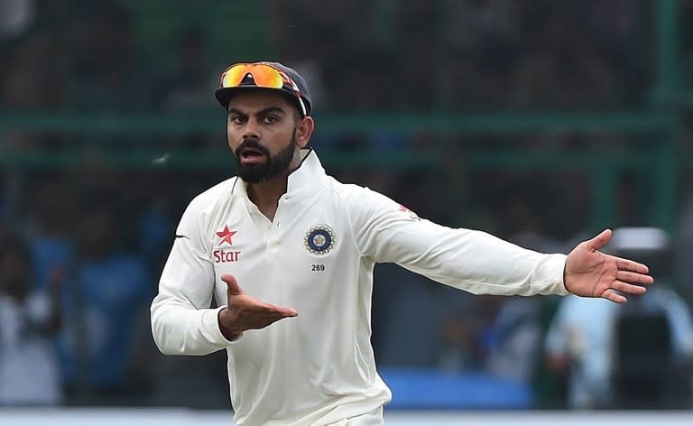 <p>India’s captain Virat Kohli reacts after an unsuccessfull catch appeal for the wicket of New Zealand’s Tom Latham during the second day of the first Test match between India and New Zealand at Green Park Stadium in Kanpur on September 23, 2016. </p>