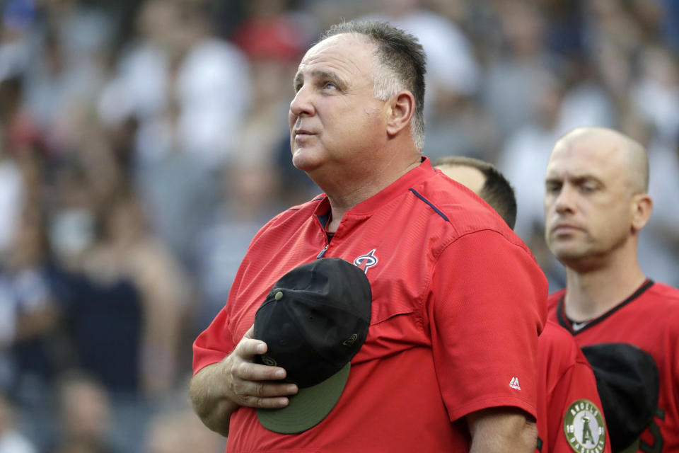 Los Angeles Angels manager Mike Scioscia stands for the national anthem prior to a baseball game against the New York Yankees, Saturday, May 26, 2018, in New York. (AP)