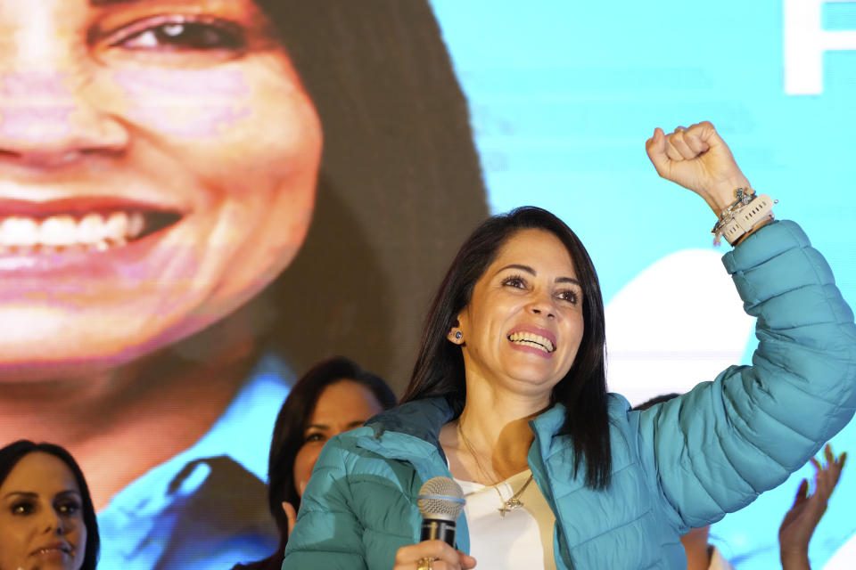Candidate Luisa González concedes the presidential race to her opponent Daniel Noboa, as she speaks from the Hilton Hotel in Quito, Ecuador, Sunday, Oct. 15, 2023. (AP Photo/Dolores Ochoa)