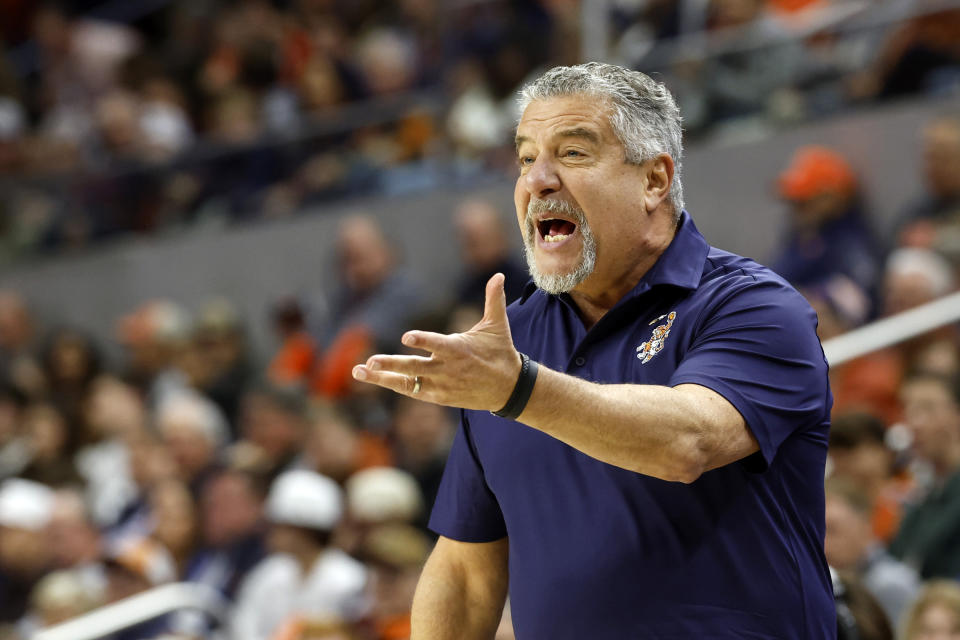 Auburn coach Bruce Pearl reacts to a call during the first half of the team's NCAA college basketball game against Mississippi on Saturday, Jan. 20, 2024, in Auburn, Ala. (AP Photo/Butch Dill)